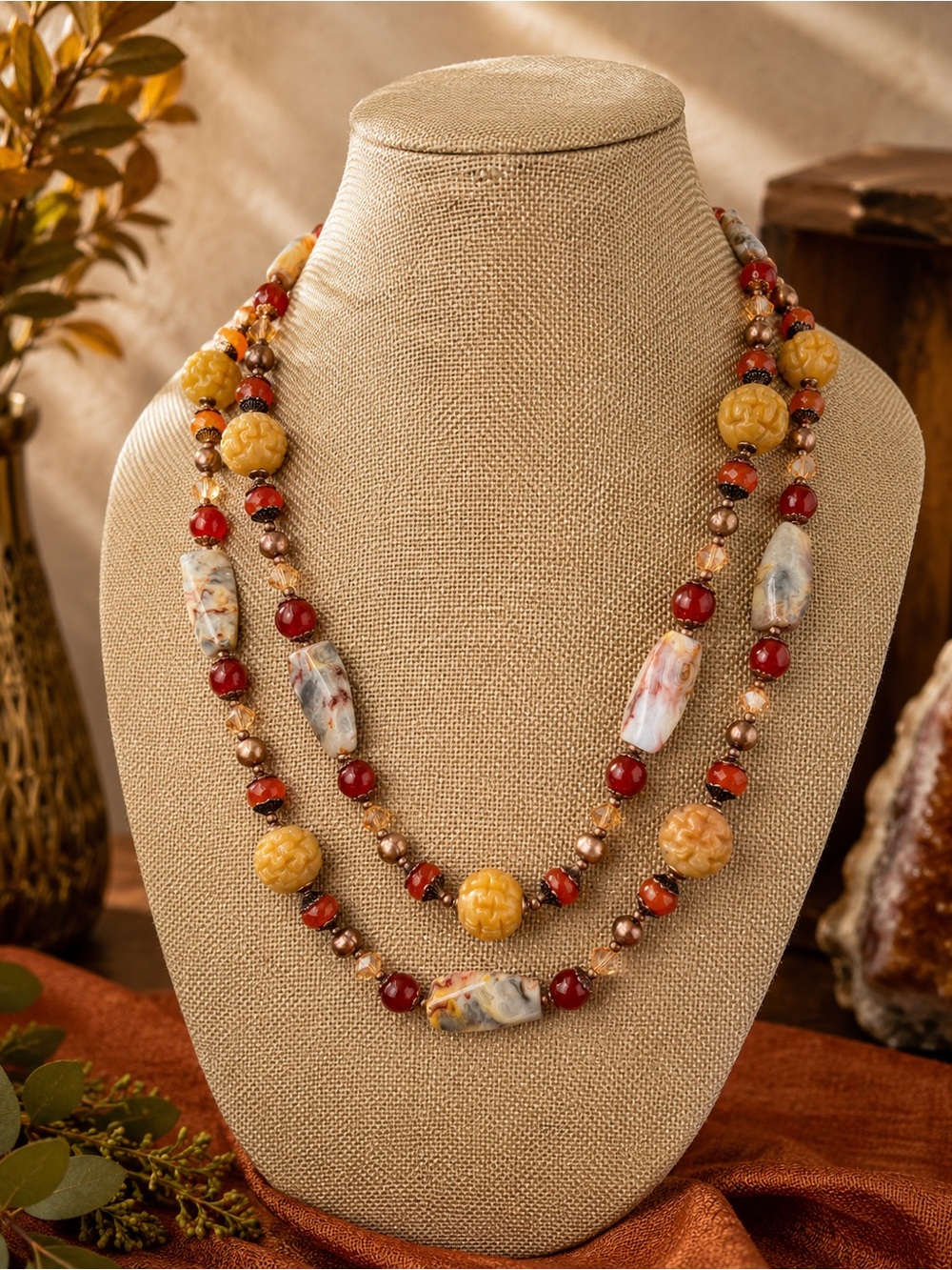 Artisan Double Strand carved Yellow Jade Agate Carnelian Pearl Necklace 24-26”